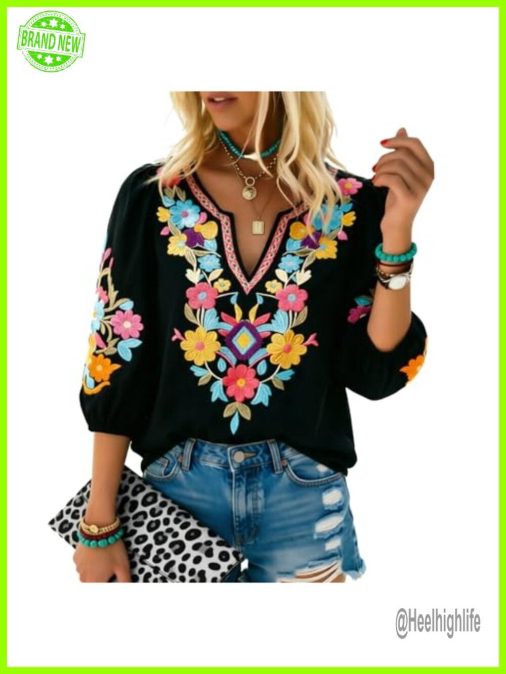Mexican Embroidered Boho Peasant Tunic Top Cotton Rayon